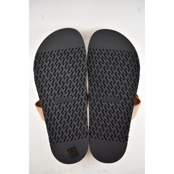 Hermes Chypre Sandal Mens Naturel Brown Gold Leather H Logo Slide Flat 45 12 - Picture 13 of 13